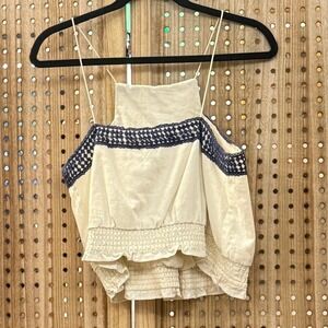 Moon River Crochet Trim Sleeveless Top Beige Cream Smocked Blouse Boho‎